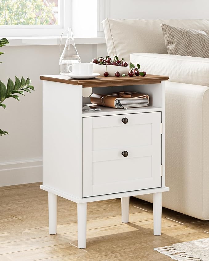 Nightstand, Boho Night Stand with 1 Drawer, Modern Side Accent Table with Open Shelf, Wooden Top Bedside End Table for Bedroom, Living Room, White