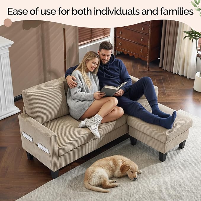 VINGLI 68.5' L Shaped Couch with Movable Storage Ottoman, Convertible Sectional Sofa in Soft Corduroy Fabric, Modern Reversible Chaise Couch for Small Spaces, Apartment, Living Room,Khaki