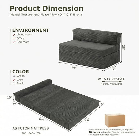 5-in-1 Convertible Sofa Bed, Boneless Loveseat with Removable Cushions & Washable Corduroy Cover, Futon Sofa Bed with Handle, Pull Out Couch for Small Spaces, Full Size, Grey