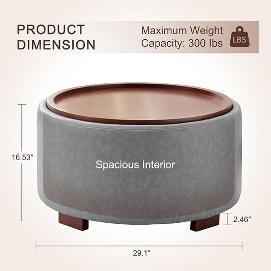 29.1 Inch Round Ottoman Coffee Table, Ottoman with Storage, Leather Grey | Storage Ottoman with Removable Lid Top, Solid Wood Legs, Round Ottoman for Living Room, Bedroom, Apartments