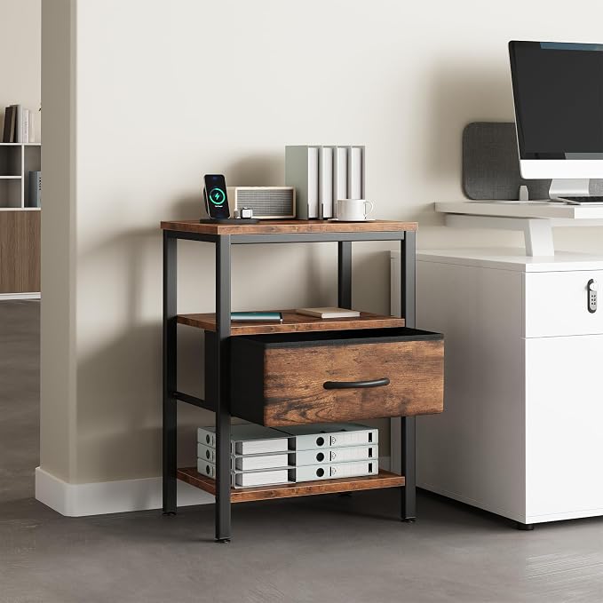 DUMOS Bedside Table with Charging Station and an Adjustable Fabric Drawer, and it is a Compact Nightstand, as Well as a 3-Tier Storage Organizer and an End Table for Bedroom, Brown
