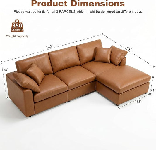 100" Faux Leather Modular Sectional Sofa for Living Room, Oversized 3 Seater L Shaped Cloud Couch with Ottoman, Extra Large Deep Seat, Pet-Friendly, Easy to Clean, Brown