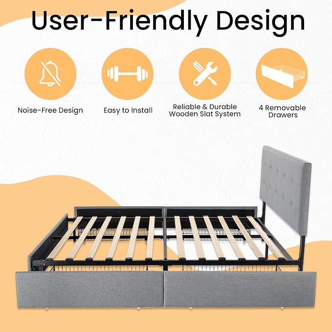 SHA CERLIN Upholstered Queen Size Platform Bed Frame with 4 Storage Drawers, Adjustable Headboard with Square Stitched Button Tufted Design, Wooden Slat Support, No Box Spring Needed, Light Grey