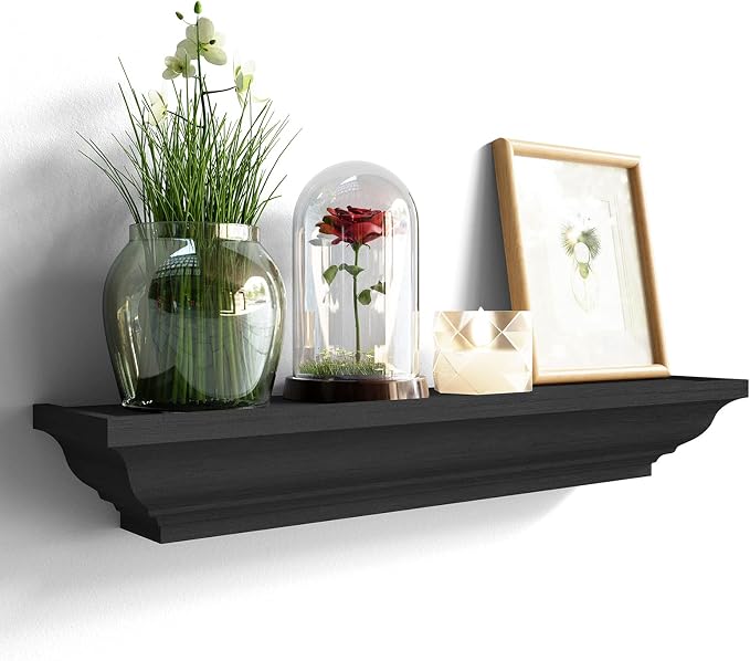SRIWATANA Black Floating Shelves, Solid Wood Storage Wall Shelves Set of 4 Display Ledge Shelves Decor for Bedroom, Living Room, Bathroom, Kitchen - Black