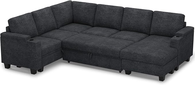 Belffin Sleeper Sofa Modular Sectional Pull Out Couch Bed U Shaped Sofa Couch for Living Room with Storage Chaise. Dark Grey