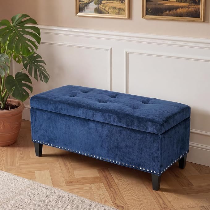 Asense 41" Storage Ottoman Bench, Faux Leather Tufted Upholstered End of Bed Bench with Safety Hinge for Bedroom,Entryway,Living Room,Drak Blue