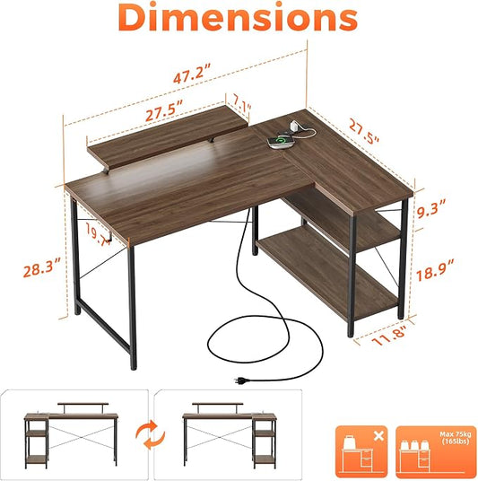 Mericonia Small L Shaped Computer Desk with Power Outlets, Reversible Gaming Desk with Storage Shelves & Monitor Stand, Corner Gamer Desk Table, Study Writing Table