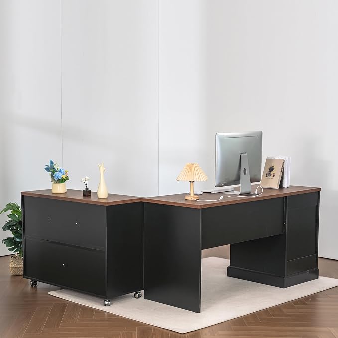 60" Professional Office Desk with 40" Mobile File Cabinet,Business Desk with Charging Station,L Shaped Executive Desk Set for Office Work,Home Study