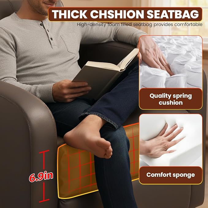 BestMassage | Recliner Chair | No Massage Function | Pu Brown | with Lumbar Support, Adjustable Push Back, Wide Armrests, Footrest & Padded Seat | Easy Assembly | for Living Room, Home Theatre