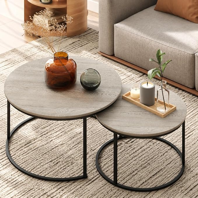 Otterease Nesting Tables Set of 2, 31.5" Round Coffee Table, Large Nesting Coffee Table with Adjustable Non-Slip Fee, Wood Grain Top Nesting Tables for Living Room, Bedroom (Wood Grain Grey)