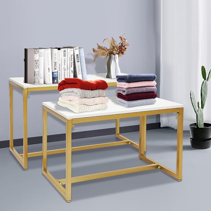 2-Piece Set Gold Modern Nesting Tables, Metal Shoe Handbag Retail Display Racks, Metal Display Riser Shelf for Shoes, Handbags, Home, Clothing Shops, Retail Stores