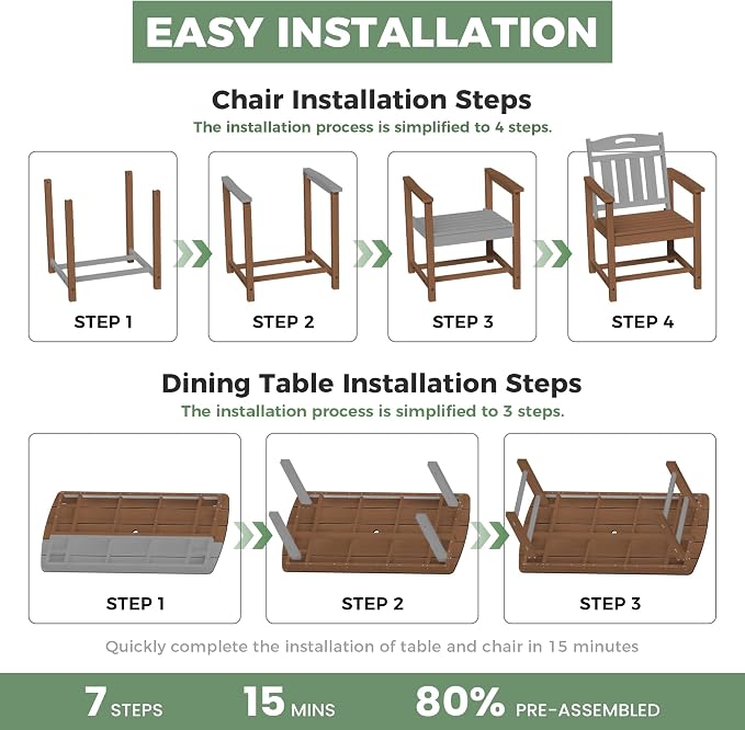 5-Piece Outdoor Dining Furniture Set with Chairs, All-Weather HDPE Patio Table and 4 Chairs, Umbrella Hole, for Garden Backyard or Deck - Teak