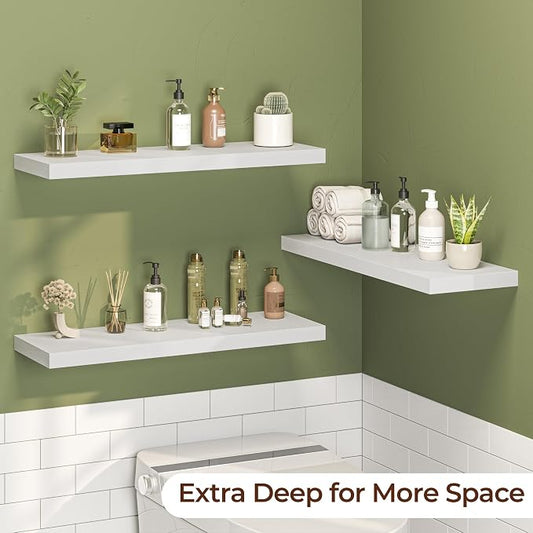 Fun Memories Floating Shelves for Wall 30 Inch Set of 3, Farmhouse Floating Shelves with Invisible Heavy Duty Bracket, 10 Inch Deep Bathroom Shelves for Storage, Living Room, Kitchen, Decor, White