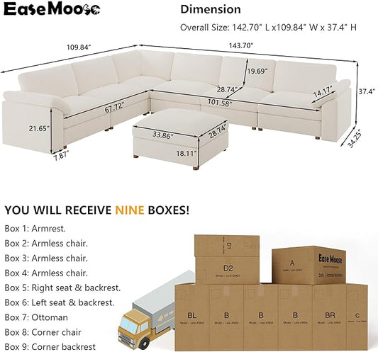 EASE MOOSE Sectional Modular Sofa,Luxury Comfty Sectional Deep Seat Couch for Living Room,Solid Wood Frame Sofa,Removable and Washable,White