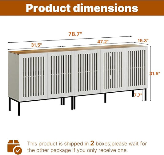 BVIUNTWO 79" Farmhouse Buffet Cabinet with Metal Base, Adjustable Shelves & 5 Doors, Antique White Storage Sideboard for Kitchen, Dining & Living Room