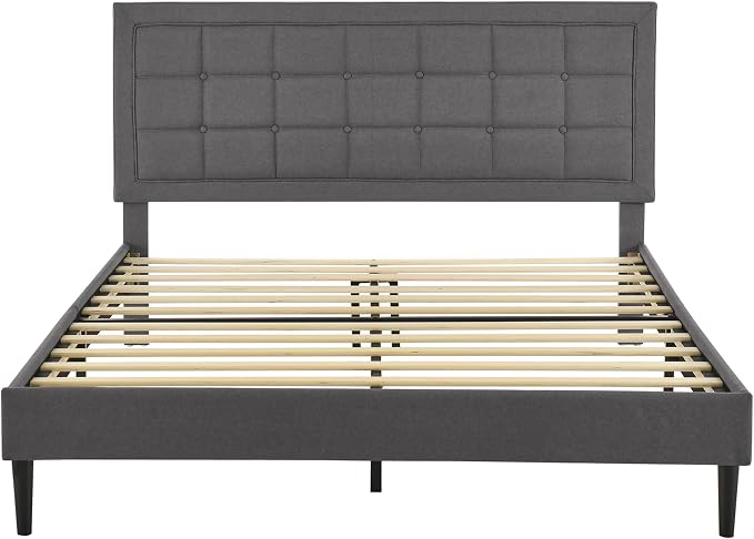 Decoro Mornington Upholstered 2.0 Platform Bed, Button-Tufted Fabric Headboard and Metal Frame with Wood Slat Support, Light Grey, Full