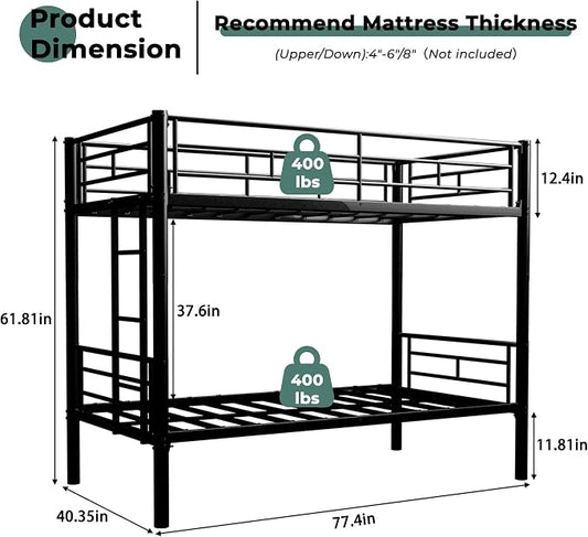 Bunk Bed Twin Over Twin, Metal Bunk Bed with Side Ladder and Safety Guardrail, Space-Saving Twin Bunk Beds for Kids, Teens & Adults, No Box Spring (Side Laddder, Black)