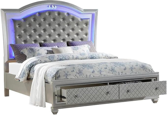 First of a Kind Shiney Contemporary 4 Piece King Bedroom Set High Gloss Silver Finish with Upholstered Headboard, Sleek Modern Bedroom Furniture Set for Coordinated Interiors