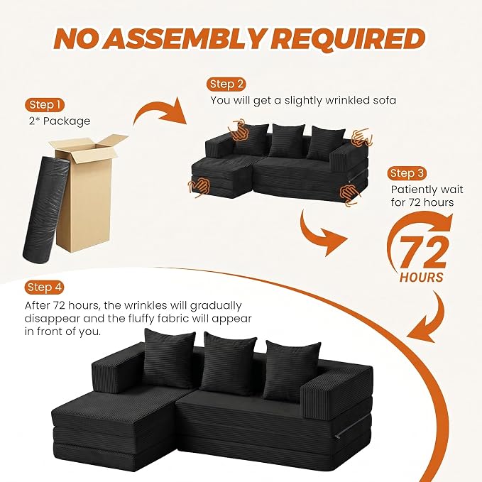 6-in-1 Boneless Couches Modular Sectional Sofa | Cloud Couch Sectional & Tri-Folding Mattress | Corduroy Pet-Friendly Convertible Sofa Bed with 800LB Capacity Living Room, Apartment, Guest Room