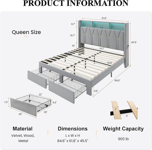 SHA CERLIN Queen Velvet Platform Bed Frame with 2 Storage Drawers, LED Storage Headboard with Charging Station, Upholstered Wingback Headboard, Noise-Free, No Box Spring Needed, Easy Assembly, Grey