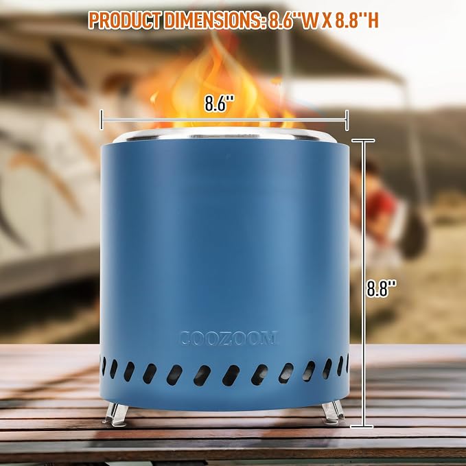 Portable Table Top Fire Pit with Stand, 8.6" Stainless Steel Mini Outdoor Low Smoke Burning Tabletop Firepit Fueled by Pellets or Wood, for Outside Camping Blue