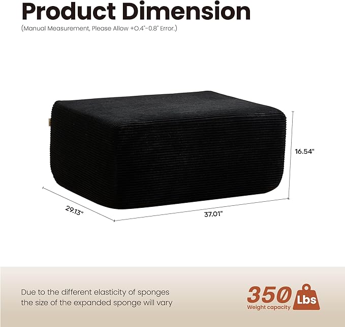 ovios 37" Corduroy Ottoman, Upholstered Cloud Ottoman for Boneless Couch in a Box, Modular Sectional Couches for Living Room Bedroom, Compressed Memory Foam, No Assembly Require, Black