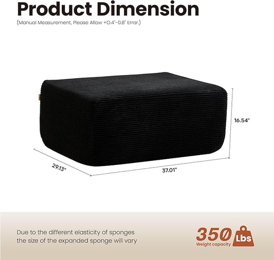 ovios 37" Corduroy Ottoman, Upholstered Cloud Ottoman for Boneless Couch in a Box, Modular Sectional Couches for Living Room Bedroom, Compressed Memory Foam, No Assembly Require, Black