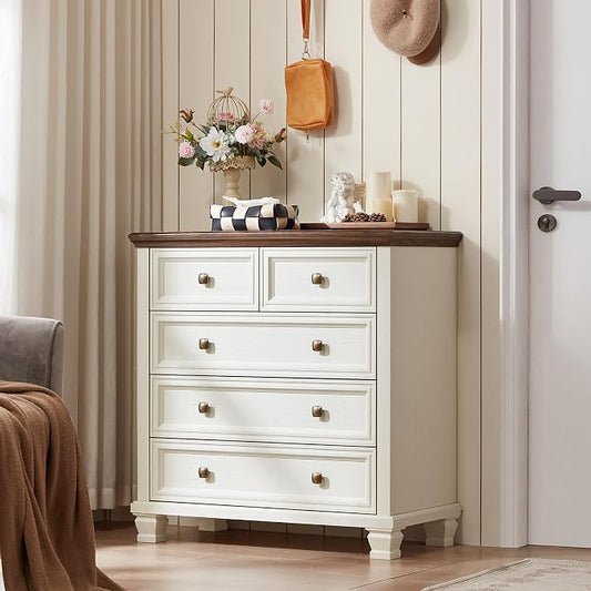 SAVOR LIFE Farmhouse Dresser and Nightstand Sets of 3, 5 Drawer Dresser & 2 Drawer Nightstand, Rustic White Bedroom Furniture Set for Home, Bedroom, Hallway, White