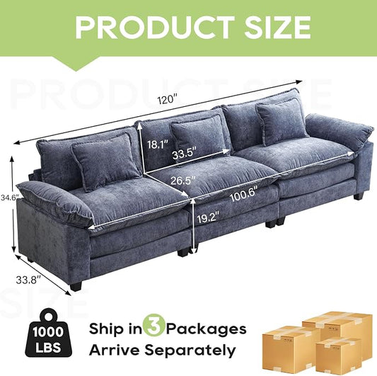 Oprisen 120" Modular Sectional Sofa, Comfy Cloud Couch Sectional, Chenille Sofa Sleeper Deep Seat Sofa with Throw Pillows for Living Room (Blue, 120"- 3 Seater)