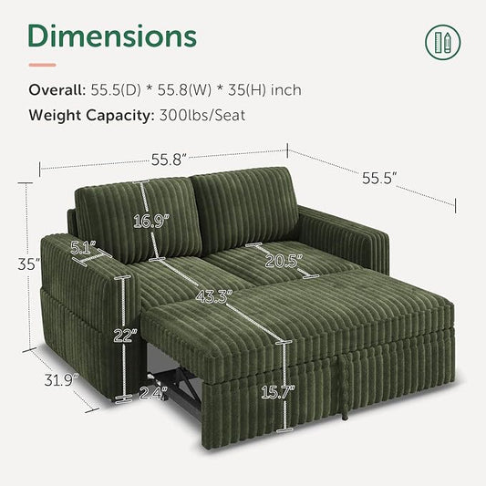 HONBAY Modular Pull Out Sofa Bed,Corduroy Loveseat, Couches for Living Room,Green