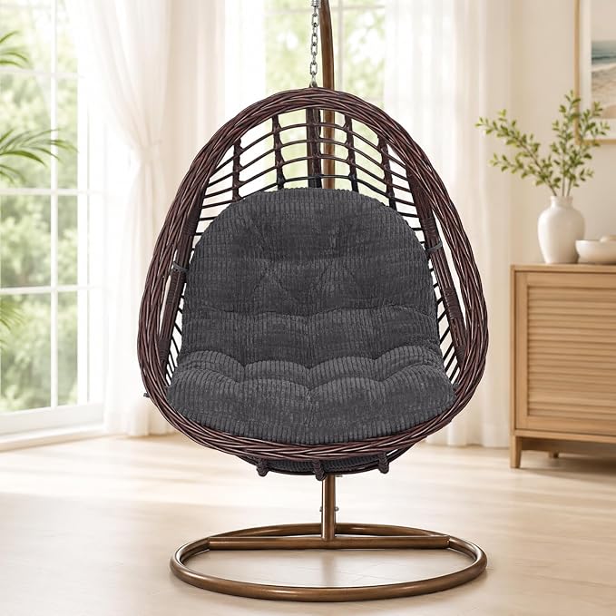 idee-home Egg Chair Cushion Replacement, Tufted Hanging Egg Chair Cushions | Oversized Wicker Swing Cushion with Corduroy Cover for Indoor Hammock Basket Chair, Grey (Chair Not Included), 48x32 Inch