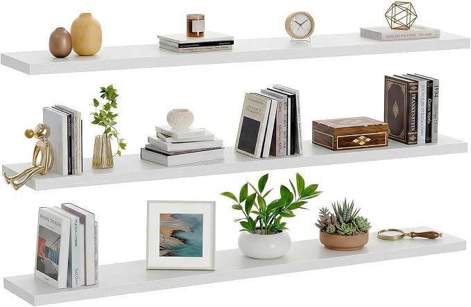 AMADA HOMEFURNISHING 47.2" L Floating Shelves, Wall Shelves Set of 3 for Bathroom/Living Room/Bedroom/Kitchen, White Floating Shelves for Wall Decor with Invisible Brackets - AMFS55W