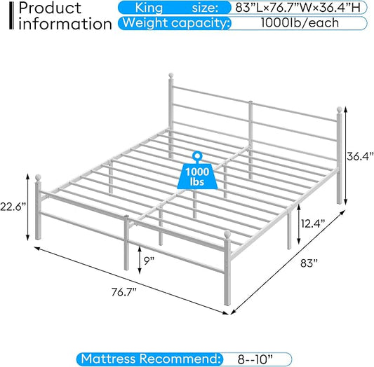 King Size Bed Frame with Headboard - Metal Platform Bed with LED Lights, Charging Station, Under Bed Storage and Heavy Duty Steel Slats Support - No Box Spring Needed, Easy Assembly, White