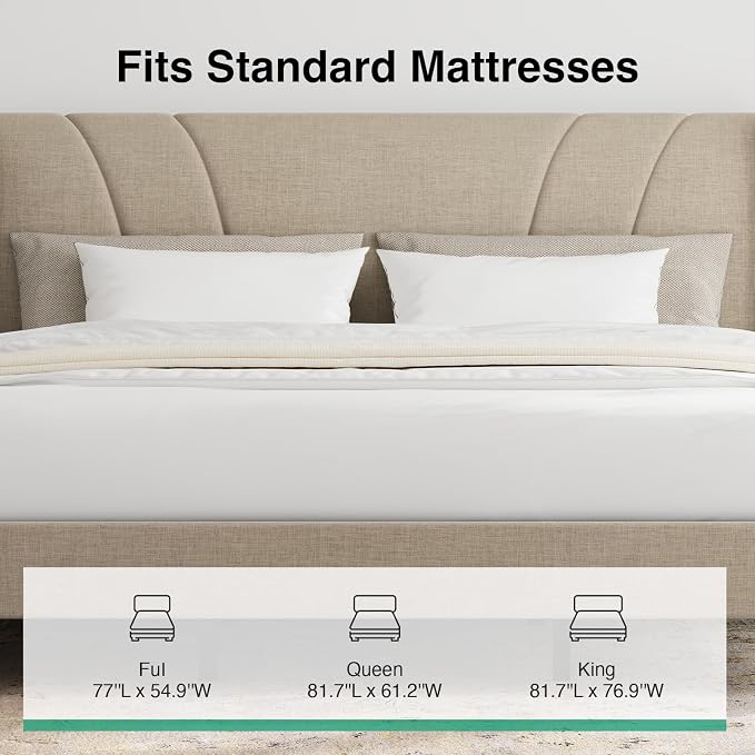 Novilla King Bed Frame, King Bed Frame with Headboard, Linen Upholstered Wing Side Headboard, No Box Spring Needed, Heavy Duty Feet, Easy Assembly, Beige