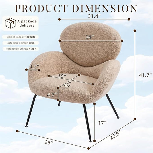 Accent Chair, Cloud Accent Chair for Bedroom, Boucle Fabric (Camel) | Comfy Bedroom Chair with Love Back and Sturdy And Durable Solid-Wood Frame/ Study Room / Bedroom / Living Room /(Cream Style)