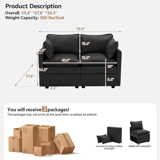 55" Black Faux Leather Storage Loveseat Sofa, Upholstered 2 Seater Sofa | Modern Deep Seat Cloud Sofa Chair, Small Love Seat Comfy Modular Sectional Sofa for Living Room, Bedroom, Small spaces