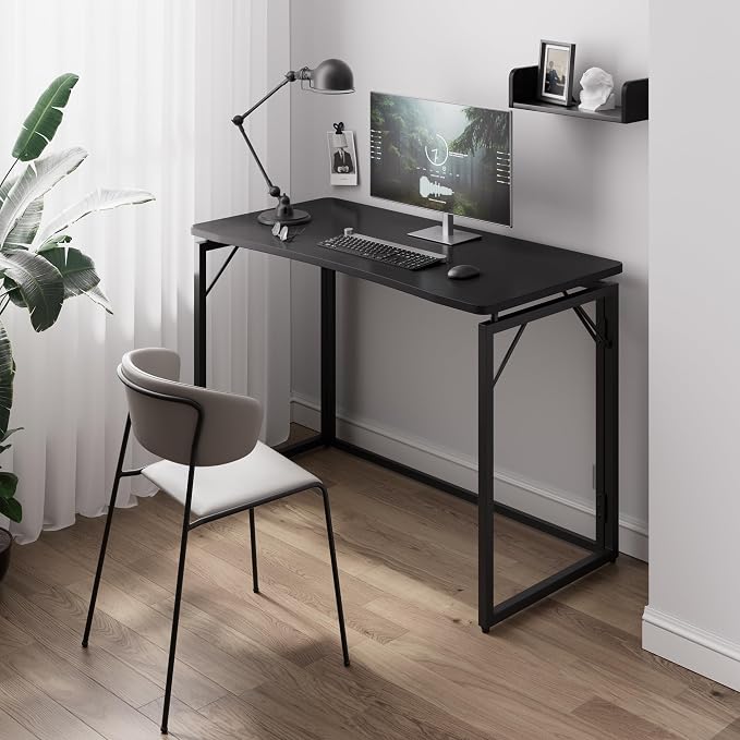 JOYMOOP Black 40" Folding Desk, No Assembly Small Foldable Desk for Home, Office, Wooden Top Folding Computer Desk for Working, Writing, Studying - Middle Size