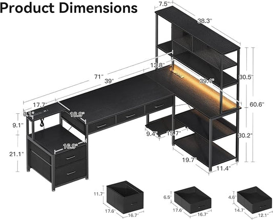 AODK 71 inch L Shaped Desk with 5 Drawers, Reversible L Shaped Gaming Desk with LED Light & 2 Power Outlets, Computer Desk with Storage Shelves for Home Office, Black