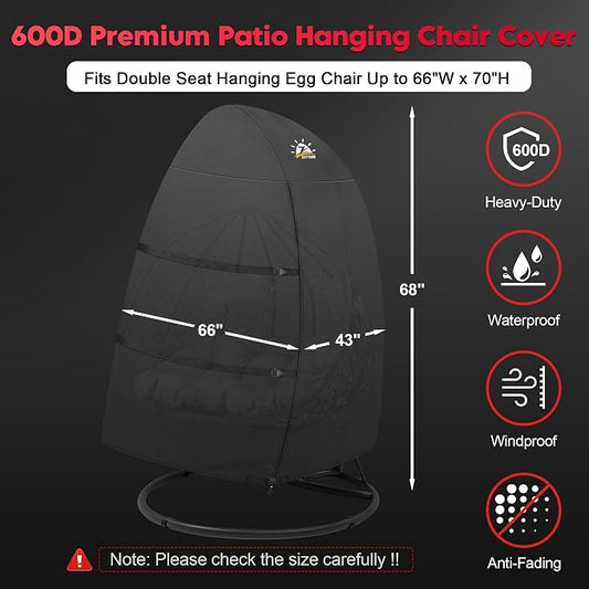 Zettum Egg Chair Cover - Double Seat Hanging Egg Chair Cover, Waterproof Outdoor Hanging Chair Covers, 600D Heavy Duty Covers for Patio Wicker Swing Chairs, 66 x 43 x 68 Inch