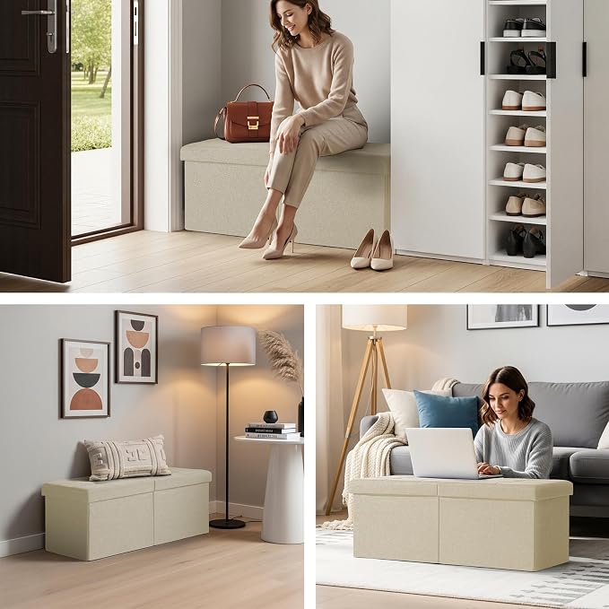 35-INCH Storage Ottoman Bench, Footrest with Storage, End of Bed Bench Coffee Table for Living Room, Bedroom, Entryway, Beige