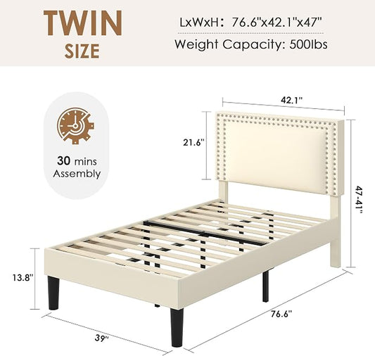 VECELO Twin Size Platform Bed Frame with Height Adjustable Upholstered Headboard, Modern Mattress Foundation,Strong Wood Slat Support, No Box Spring Needed, Easy Assembly, Beige