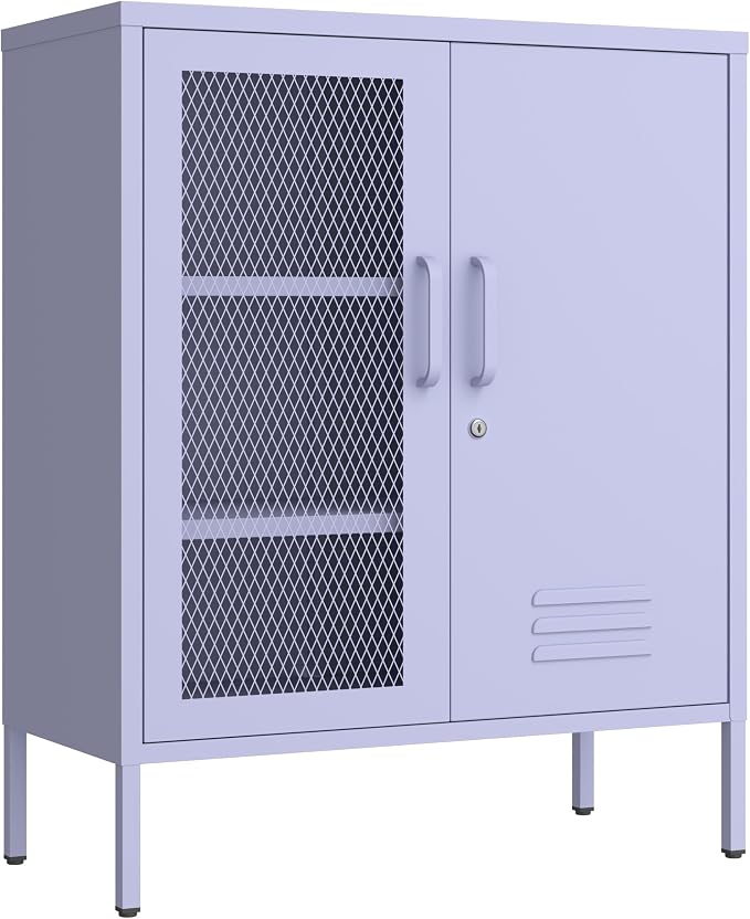 33" Tall Purple Metal Locker Storage Cabinet with Lock Left Glass Door and Right Metal Door 2 Adjustable Shelves Steel Storage Organizer for Foyer Living Room Size:33" H X 29.5" W X 13.8" D
