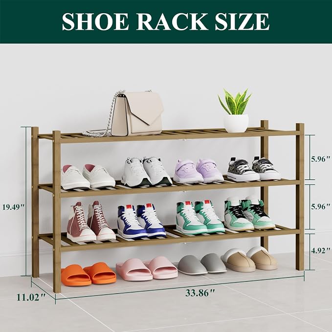 Smiry Long Bamboo Shoe Rack, 3 Tier Free Standing Wooden Shoe Organizer, Stackable Wood Shoe Storage Shelf for Closet, Entryway, 14 Vertical Slats, 2+1 Stack Heavy-Duty Legs, 33.7"x11"x19.5", Walnut