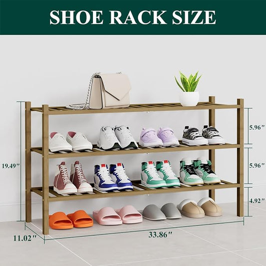 Smiry Long Bamboo Shoe Rack, 3 Tier Free Standing Wooden Shoe Organizer, Stackable Wood Shoe Storage Shelf for Closet, Entryway, 14 Vertical Slats, 2+1 Stack Heavy-Duty Legs, 33.7"x11"x19.5", Walnut
