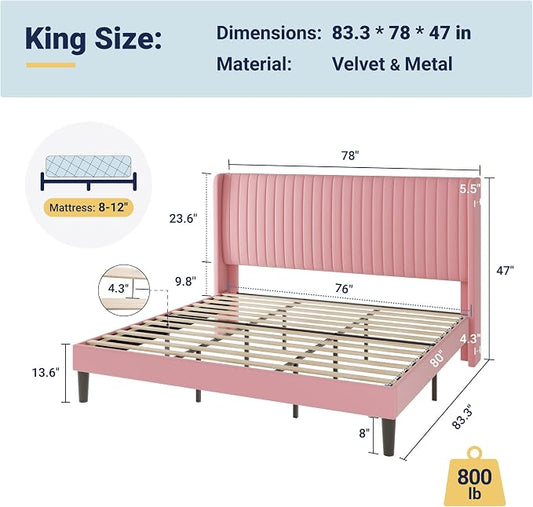 Allewie King Size Velvet Bed Frame/Vertical Channel Tufted Wingback Headboard/Upholstered Platform Bed/Strong Wooden Slats/No Box Spring Needed/Easy Assembly/Pink