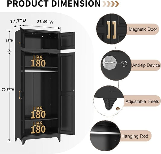 86" Metal Wardrobe Cabinets,Black Armoire Wardrobe Closet with Hanging Rod,Clothes Storage Cabinet with Adjustable Shelves and Doors,Clothing Cabinet for Bedroom,Laundry Room