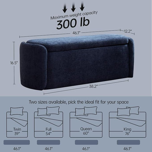 VKNOW 46" Oval Storage Ottoman Bench, Upholstered End of Bed Bench Ottomans Bench Foot Rest, Sherpa Storage Bench for Bedroom, Living Room and Hallway, Navy