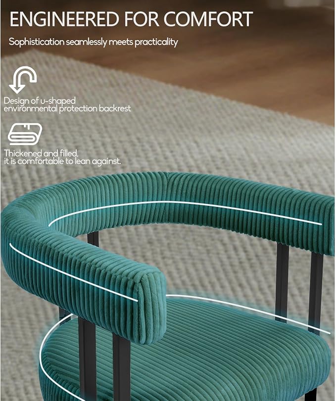 VIRRMO Boucle Dining Chair Set of 2 Corduroy Upholstered Dining Room Chairs Kitchen Chairs with Metal Legs Mid Century Modern Chair for Dining Room, Kitchen (Peacock Green, 2)