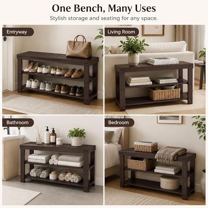 Shoe Rack Bench, 3-Tier Shoe Storage Organizer for Entryway , Shoe Shelf for Small Spaces, Multi-Functional Side Table Plant Stand, Shoe Stand for Bedroom, Living Room, Closet, Front Door, Brown