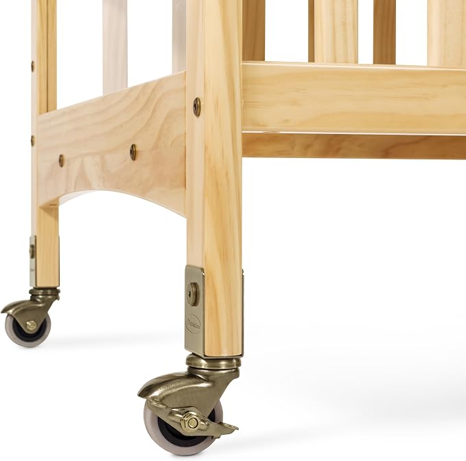 Child Craft Avery SafeAccess Wooden Compact Portable Crib, Features 2 Easy Roll Locking Wheels, Durable Wood Construction, Fits Through Doorways (Natural)